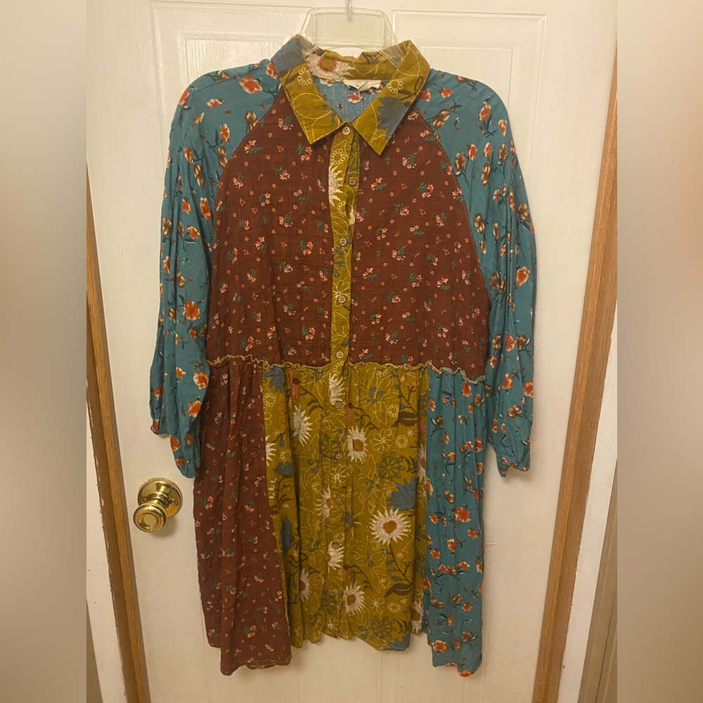Easel Multicolor Floral Patchwork Boho Dress L - image 3